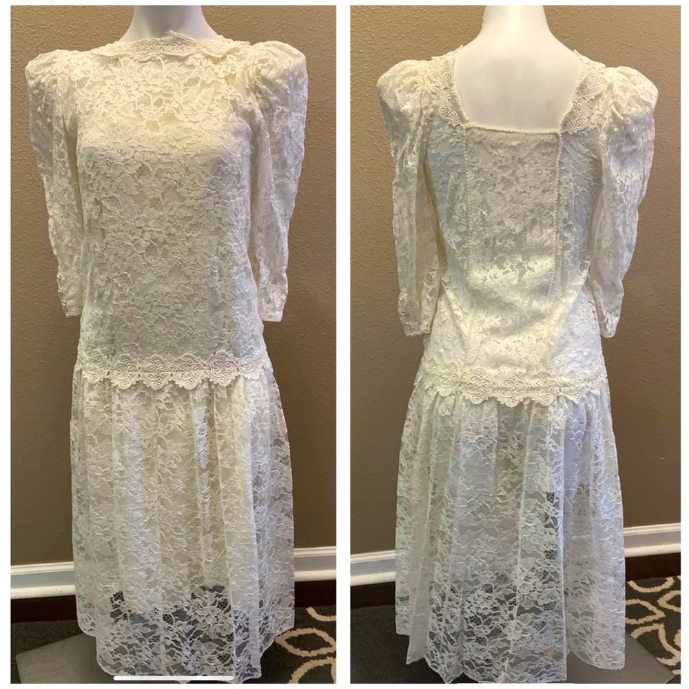 Wedding Gown Vintage 1970s Cachet by Bari Protas Ivory Lace Size 3/4